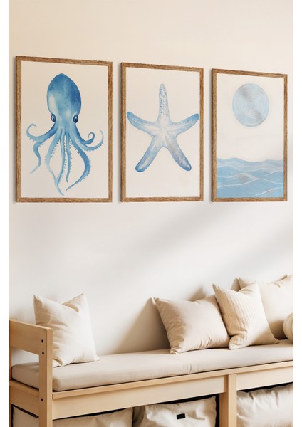 3 Parça Ahtapot Deniz Yıldızı ve Okyanus Temalı Ahşap Çerçeve Görünümlü Mdf Tablo Seti fiyatları