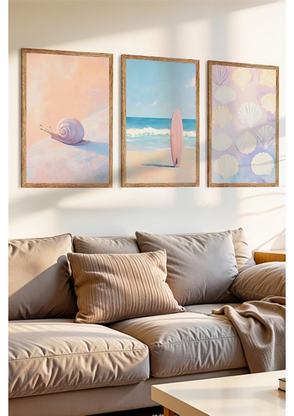 3 Parça Deniz Kabukları, Sörf ve Deniz Manzarası Konsepli Ahşap Çerçeve Görünümlü Mdf Tablo Seti