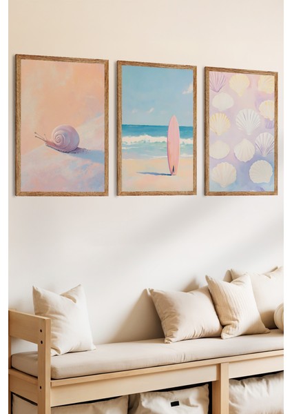 3 Parça Deniz Kabukları, Sörf ve Deniz Manzarası Konsepli Ahşap Çerçeve Görünümlü Mdf Tablo Seti fiyatları