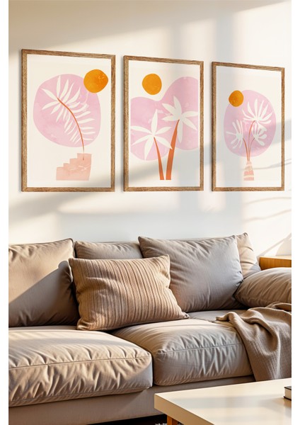 3 Parça Pastel Tropik Huzur Konsepli Ahşap Çerçeve Görünümlü Mdf Tablo Seti