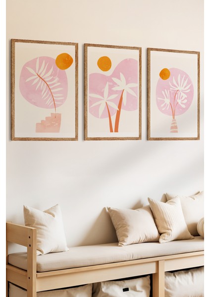 3 Parça Pastel Tropik Huzur Konsepli Ahşap Çerçeve Görünümlü Mdf Tablo Seti fiyatları