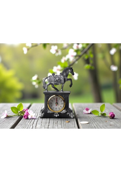 Lüks Işlemeli Saatli At Heykeli Dekoratif Masaüstü Biblo Yeni Yeni Yıl Ev & Ofis Hediyesi 15 Cm.