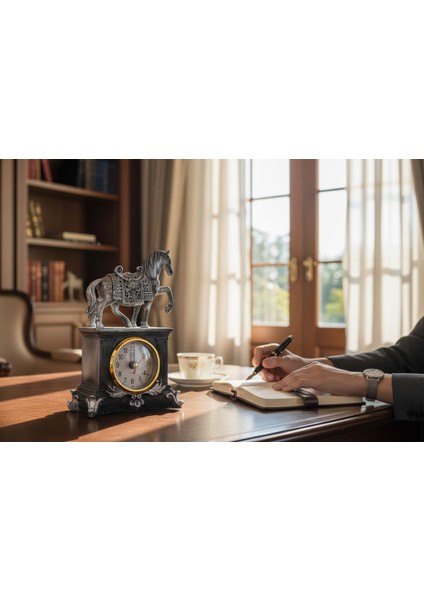 Lüks Işlemeli Saatli At Heykeli Dekoratif Masaüstü Biblo Yeni Yeni Yıl Ev & Ofis Hediyesi 15 Cm. modelleri