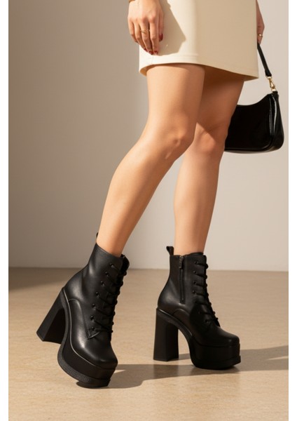 Kadın Kalın Taban Platform Yüksek Topuk Bağcıklı Fermuarlı Bot fırsatları