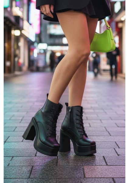 Kadın Kalın Taban Platform Yüksek Topuk Bağcıklı Fermuarlı Bot indirimleri