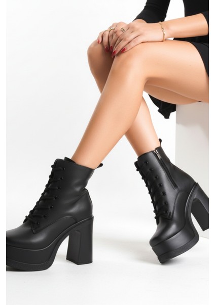 Kadın Kalın Taban Platform Yüksek Topuk Bağcıklı Fermuarlı Bot