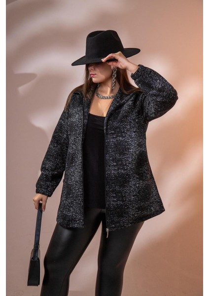 Büyük Beden Fermuarlı Ceket Siyah