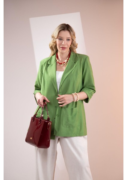 Kadın Büyük Beden Cepli Yeşil Ceket