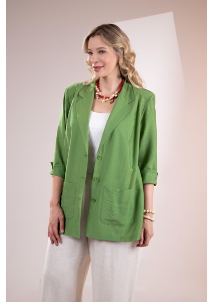 Kadın Büyük Beden Cepli Yeşil Ceket