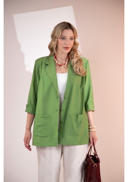 Kadın Büyük Beden Cepli Yeşil Ceket