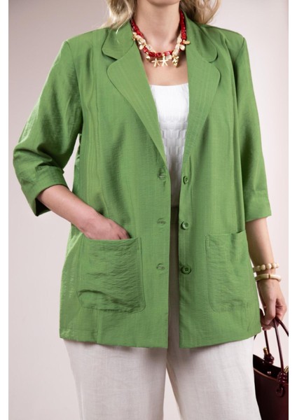 Kadın Büyük Beden Cepli Yeşil Ceket