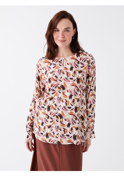 Yeni Sezon Bisiklet Yaka Desenli Uzun Kollu Kadın Bluz