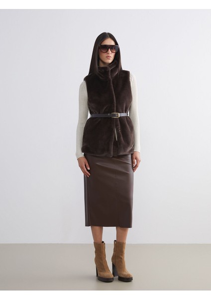 Yeni Sezon Dik Yaka Beli Kemerli Kadın Kürk Yelek fiyatları