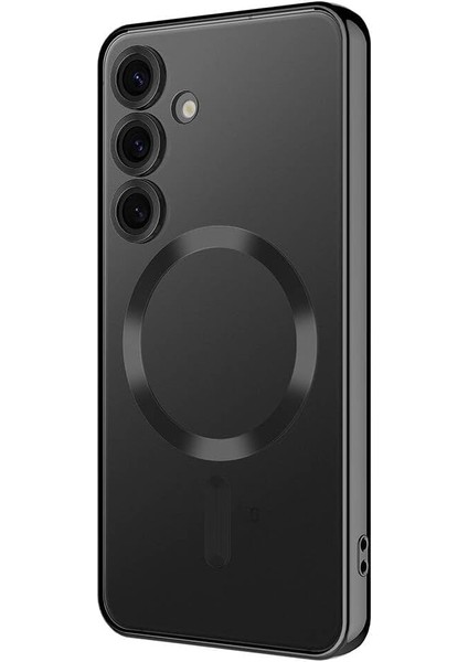 S24 Kılıf Kamera Lens Korumalı Kablosuz Şarj Destekli Arkası Şeffaf Parlak Kenarlı Kapak Esnek Silikon Kılıf S24 Lensli (Siyah)