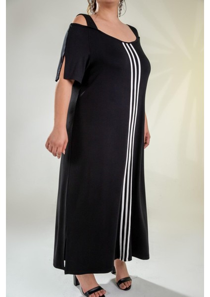 Kadın Büyük Beden Önü Biyeli Siyah Elbise
