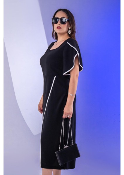 Kadın Büyük Beden Kolu Volanlı Elbise Siyah