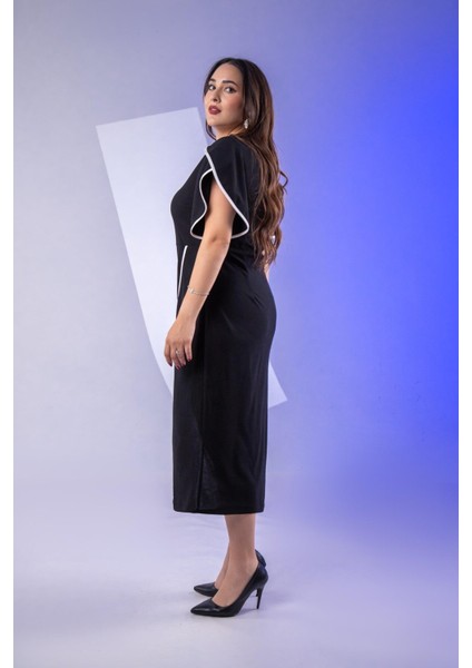 Kadın Büyük Beden Kolu Volanlı Elbise Siyah