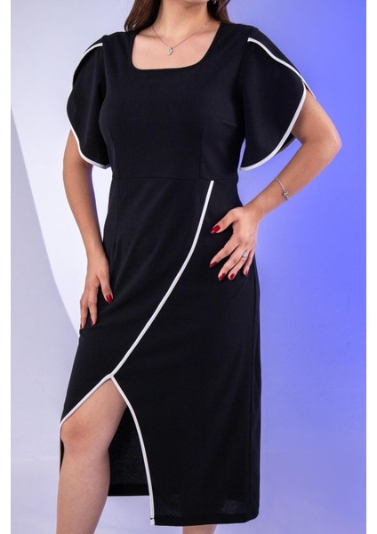 Kadın Büyük Beden Kolu Volanlı Elbise Siyah