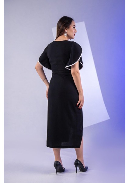 Kadın Büyük Beden Kolu Volanlı Elbise Siyah