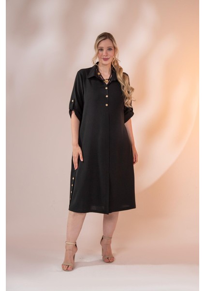 Kadın Büyük Beden Düğme Detaylı Siyah Elbise