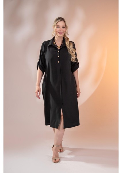 Kadın Büyük Beden Düğme Detaylı Siyah Elbise fiyatları