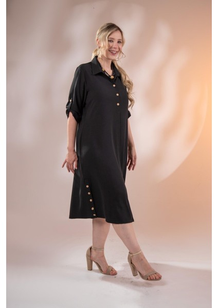 Kadın Büyük Beden Düğme Detaylı Siyah Elbise modelleri