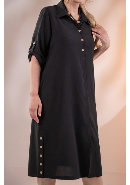 Kadın Büyük Beden Düğme Detaylı Siyah Elbise fırsatları
