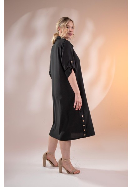 Kadın Büyük Beden Düğme Detaylı Siyah Elbise indirimleri