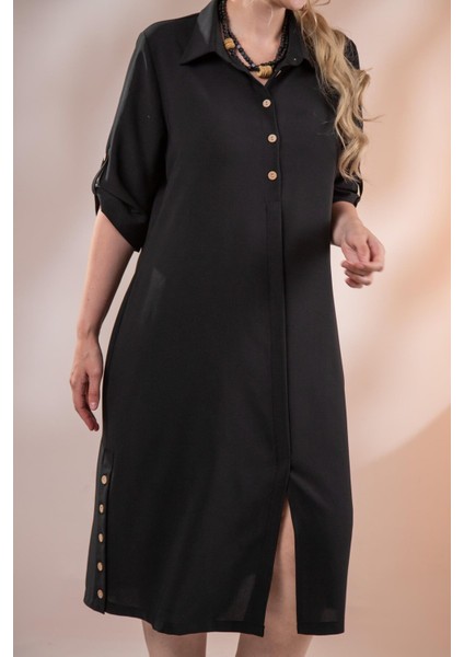 Kadın Büyük Beden Düğme Detaylı Siyah Elbise