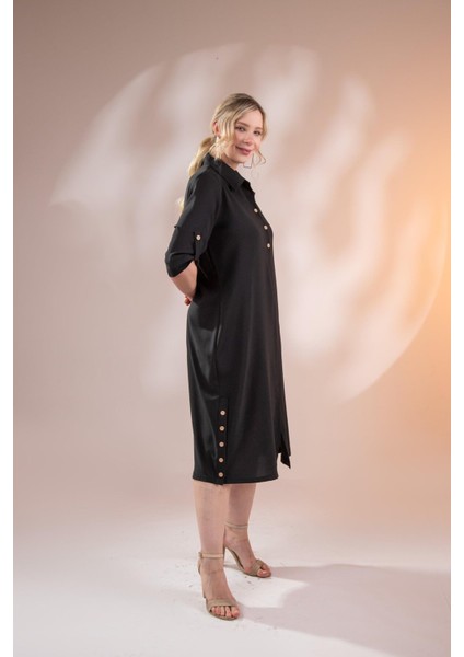 Kadın Büyük Beden Düğme Detaylı Siyah Elbise