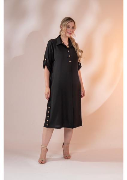Kadın Büyük Beden Düğme Detaylı Siyah Elbise