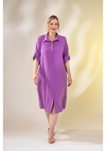Kadın Büyük Beden Düğme Detaylı Lila Elbise
