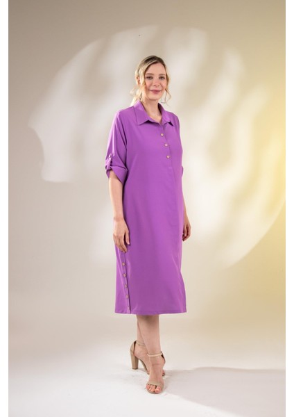 Kadın Büyük Beden Düğme Detaylı Lila Elbise fiyatları