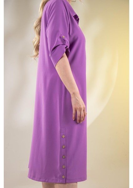 Kadın Büyük Beden Düğme Detaylı Lila Elbise fırsatları