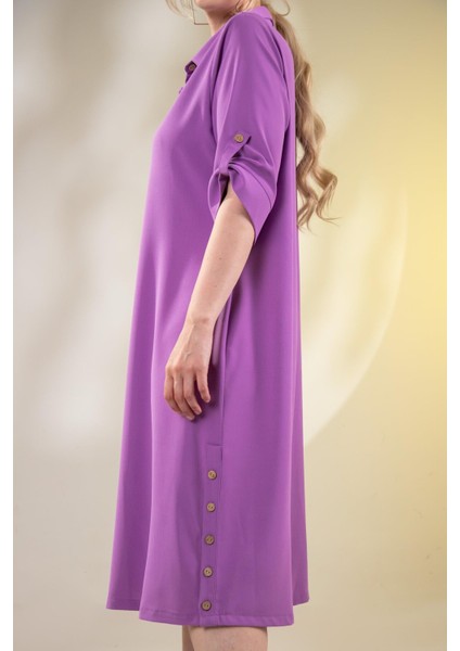 Kadın Büyük Beden Düğme Detaylı Lila Elbise indirimleri