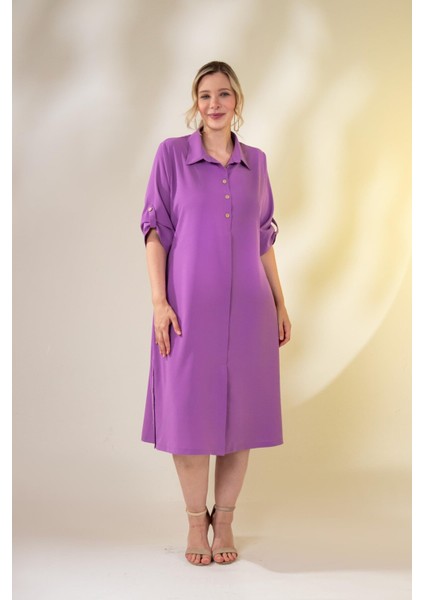 Kadın Büyük Beden Düğme Detaylı Lila Elbise