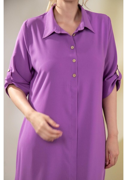 Kadın Büyük Beden Düğme Detaylı Lila Elbise