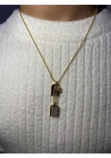 ÇİFT CHARM GOLD ÇERÇEVE DETAYLI IŞILTILI KADIN KOLYE modelleri