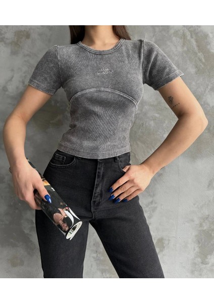 Sptrns Nakış Işlemeli Asit Yıkamalı Bluz Antrasit (Beden: Standart)