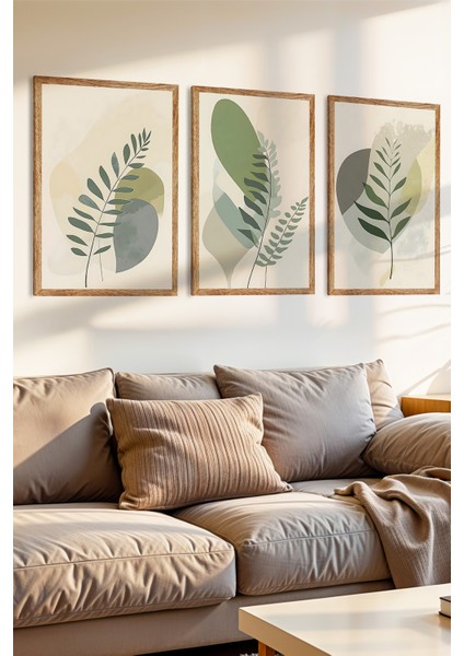 3 Parça Yeşil Yarpak Temalı Ahşap Çerçeve Görünümlü Mdf Tablo Seti