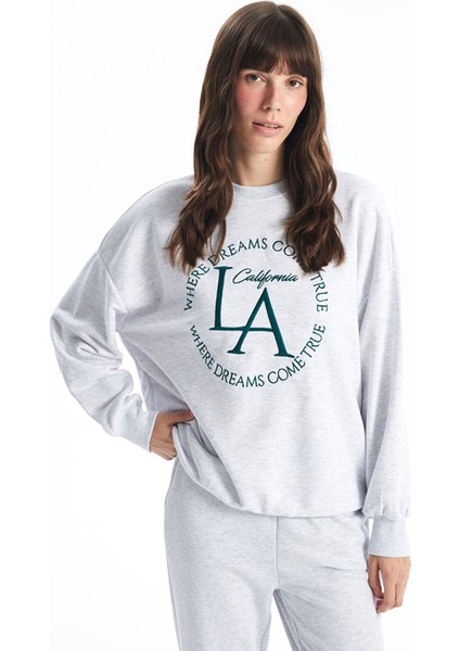 Yeni Sezon Bisiklet Yaka Baskılı Uzun Kollu Kadın Sweatshirt