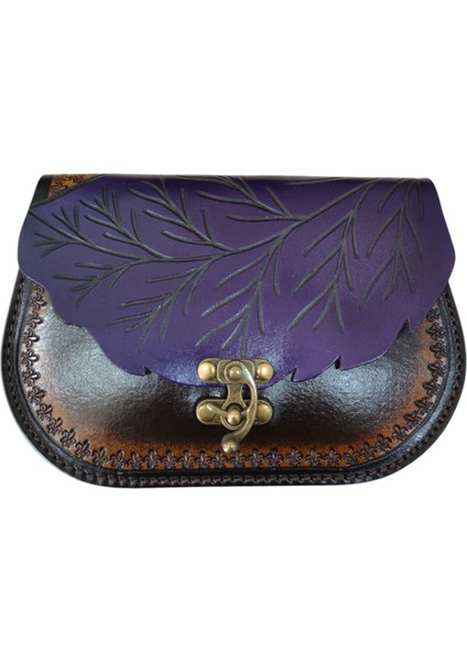 El Yapımı Hakiki Deri Yaprak Kapaklı Kadın Çapraz Çanta | El Kabartma Doğa Temalı Bohem Omuz Çantası | 4 Farklı Renk Seçeneği