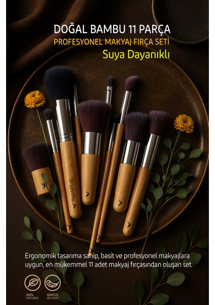 11 Parça Profesyonel Makyaj Fırça Seti Doğal Bambu SUYA DAYANIKLI