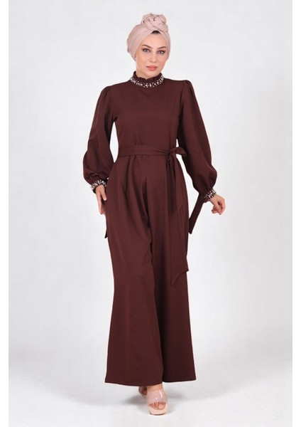Inci Detaylı Tulum Elbise Kahverengi MSW19152-5
