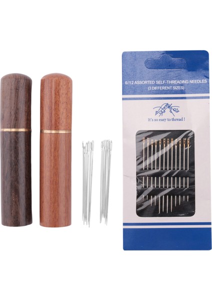 El Yapımı Dikiş Için 12 Altın Kuyruk Arka Asılı Iğne ve 4 Büyük Göz Deri Dikiş Iğnesi ile 2pcs Ahşap Iğne Kasası (Yurt Dışından)