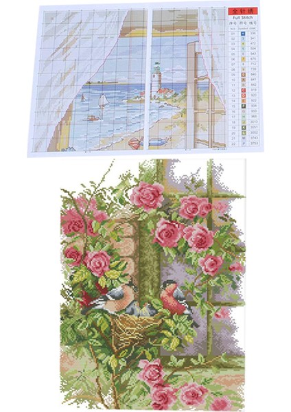 Nakış Kiti 14CT Kuşların Aile Deseni Çapraz Dikiş 35 x 45CM ve Deniz Çapraz Dikiş Dışında Pencere 33 x 40CM (Yurt Dışından)
