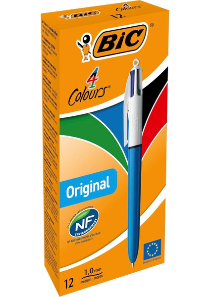4 Colours Medium Tükenmez, 12'li Kutu, 1.0mm Uç, Tek Mavi, Kırmızı, Yeşil ve Siyah Renkler
