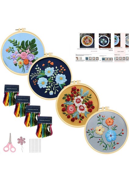 Yetişkinler Için 4 Pack Nakış Kitleri Yeni Başlayanlar Için Dıy Nakış Kitleri Desenli El Nakış Kiti (Flower-A) (Yurt Dışından)