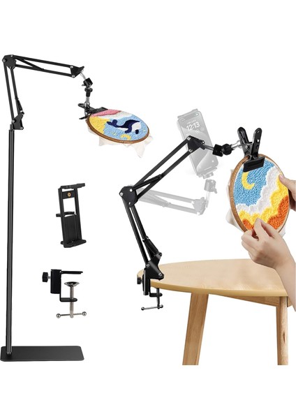 Siyah Ayarlanabilir Nakış Çember Standı 3 Arada Çember/tablet/telefon Tutucu Zemin Standı Nakış Standı 360 ° Dönebilir (Yurt Dışından)