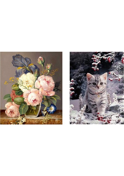2 Set Diy Boyama Kitleri Matkap 5d Elmas Sanat Kitleri Elmaslar Emniyet Zanaat Ev Duvar Dekoru Çiçekler ve Kar Yavru Kedi (Yurt Dışından)